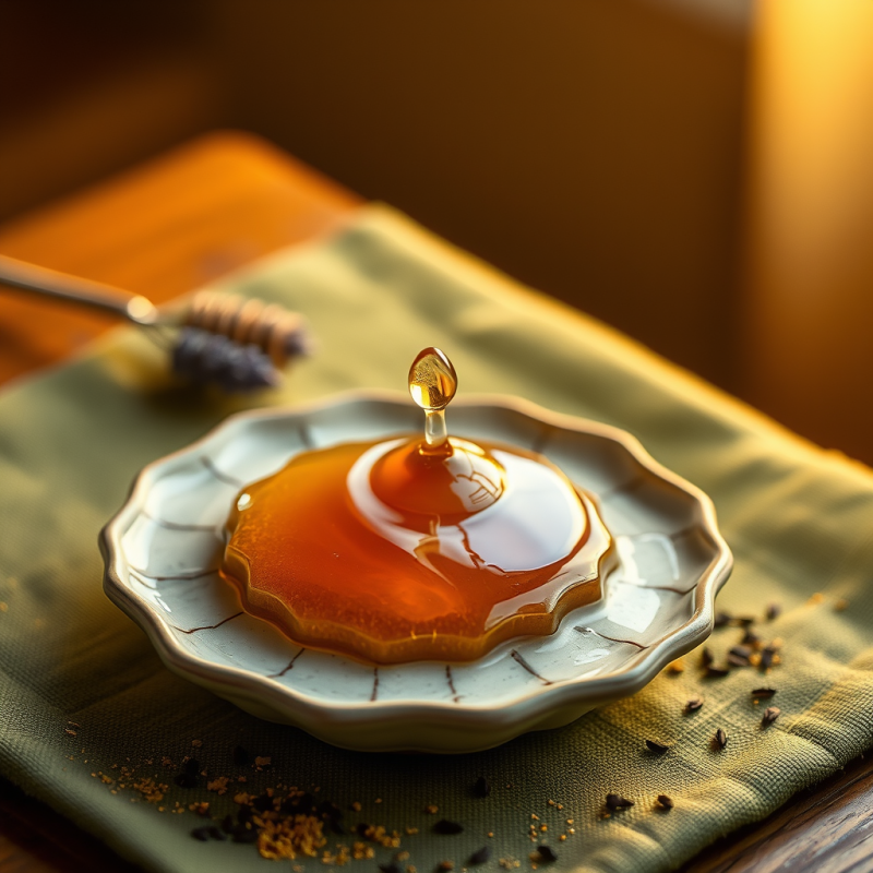 Golden Honey Drop on Ceramic Plate