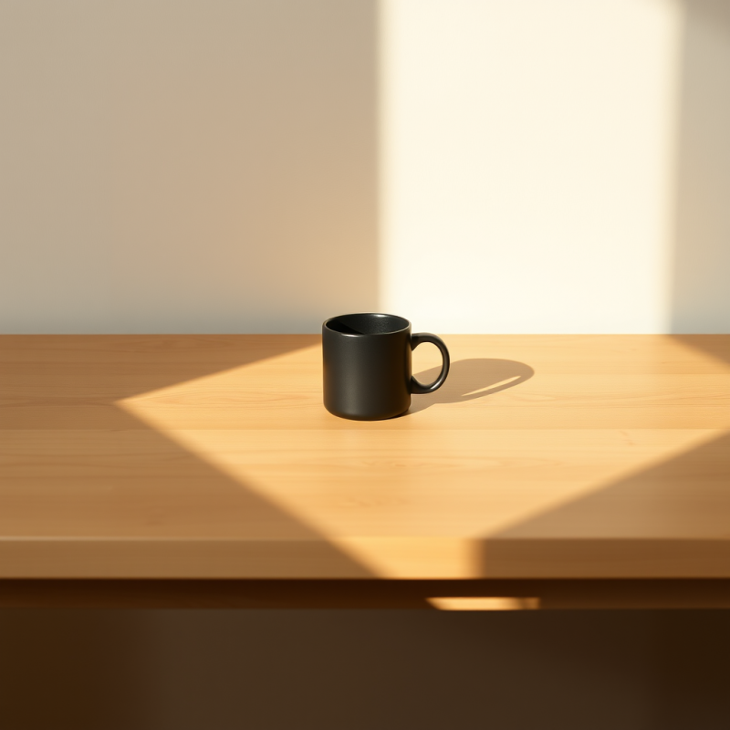 Black Mug on Wooden Table with Sunlight