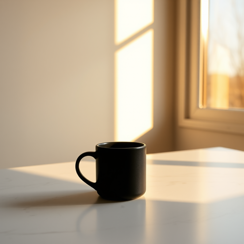 Black Mug on Sunlit Table