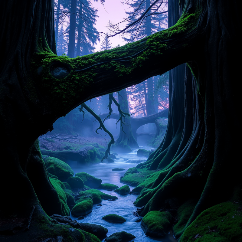 Mossy Tree Arch Over Mystical Stream