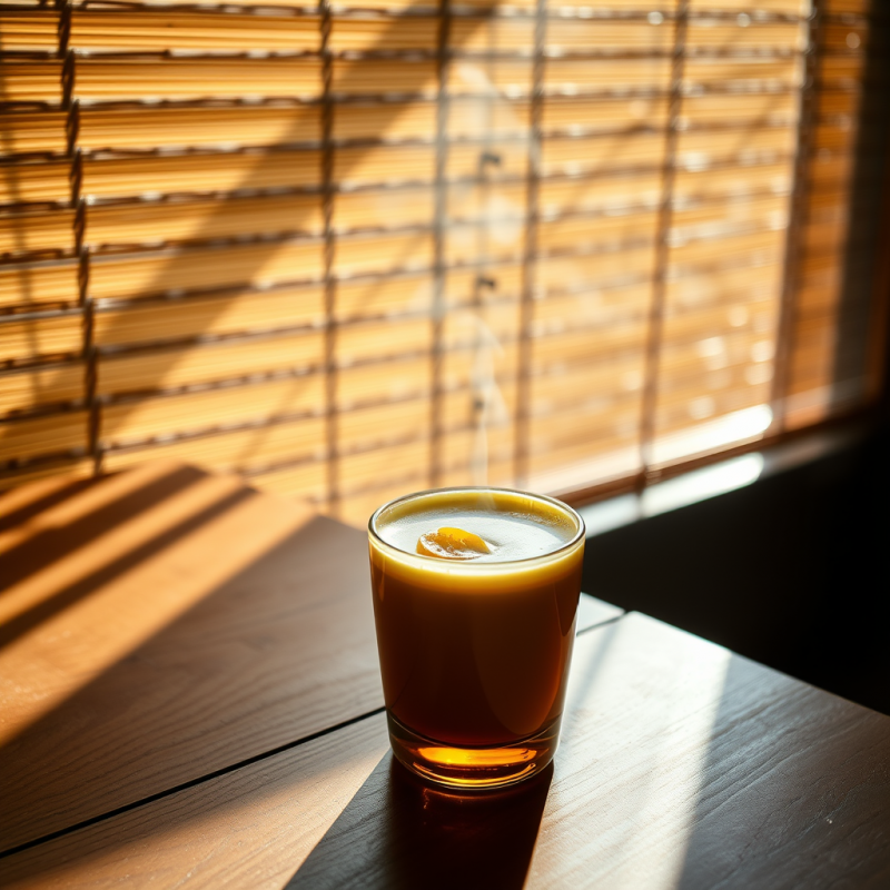 Sunlit Glass of Coffee on Wooden Table