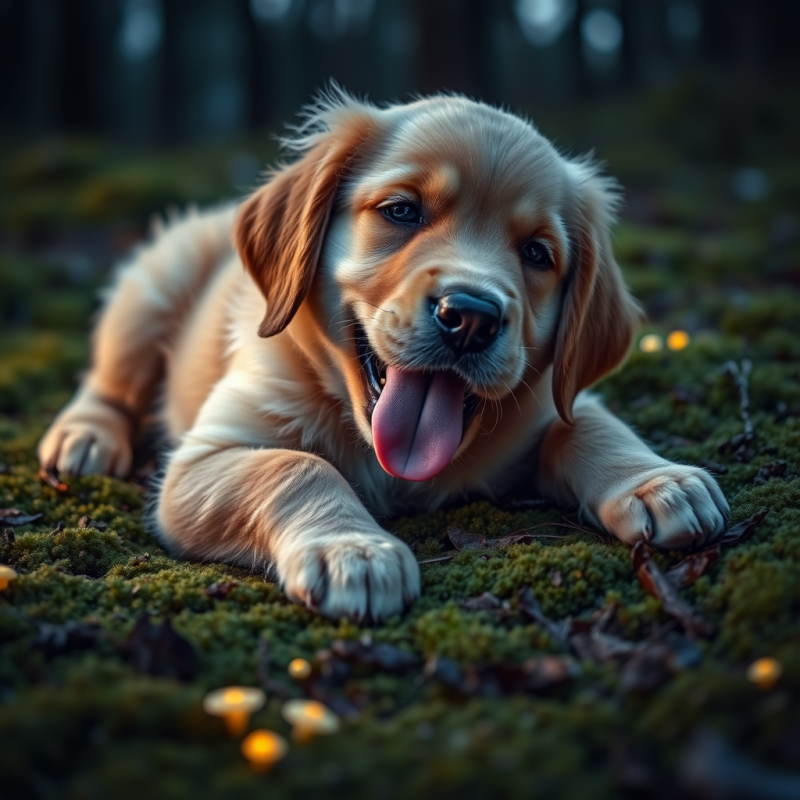 Golden Retriever Puppy on Mossy Ground
