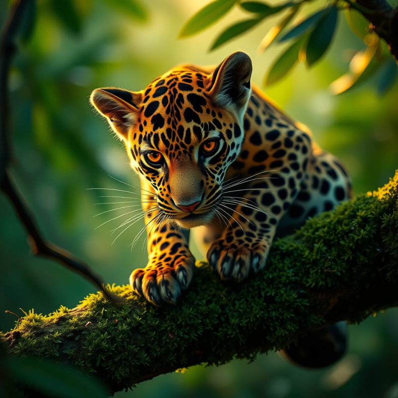 Jaguar Perched on Mossy Branch