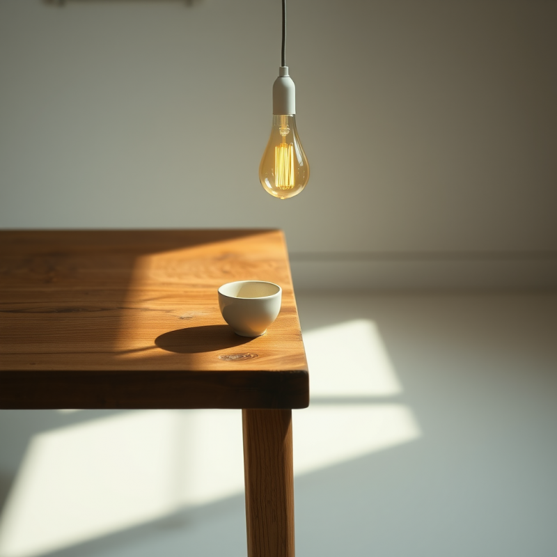 Wooden Table with Hanging Light Bulb