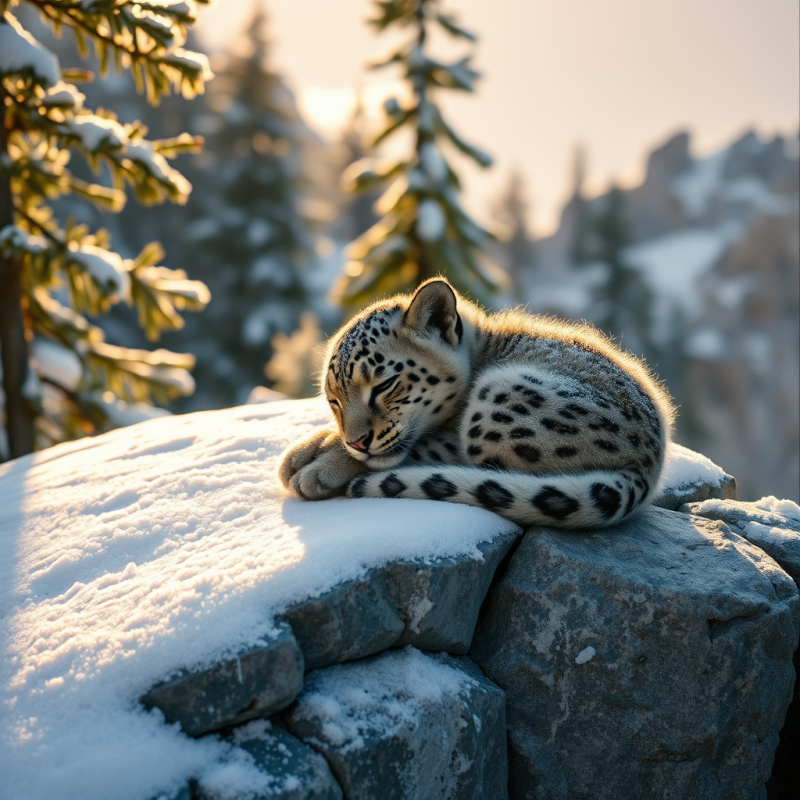 Snow Leopard Cub Resting on Snowy Rock