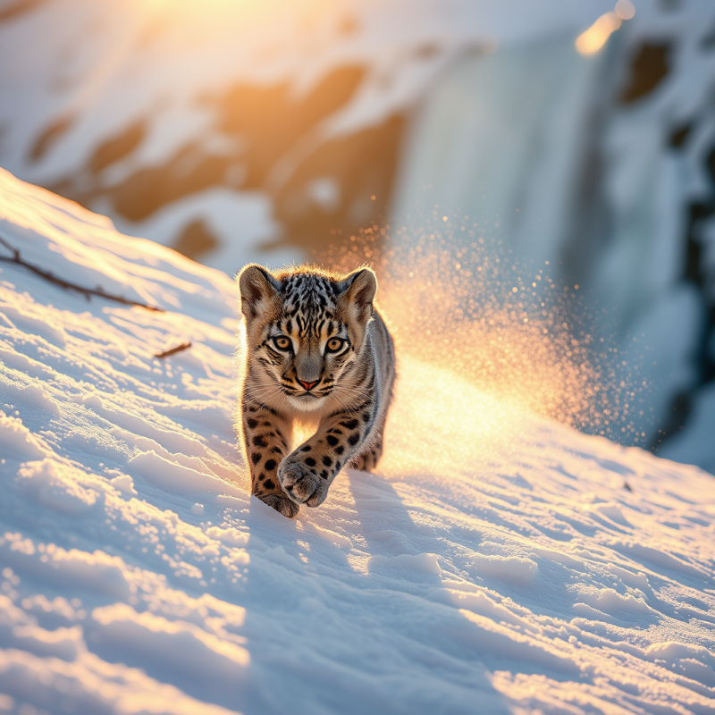 Snow Leopard Cub Running in Snow