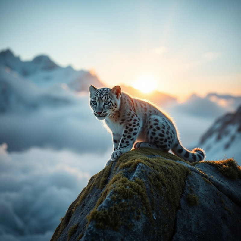 Snow Leopard on Rocky Peak at Sunrise
