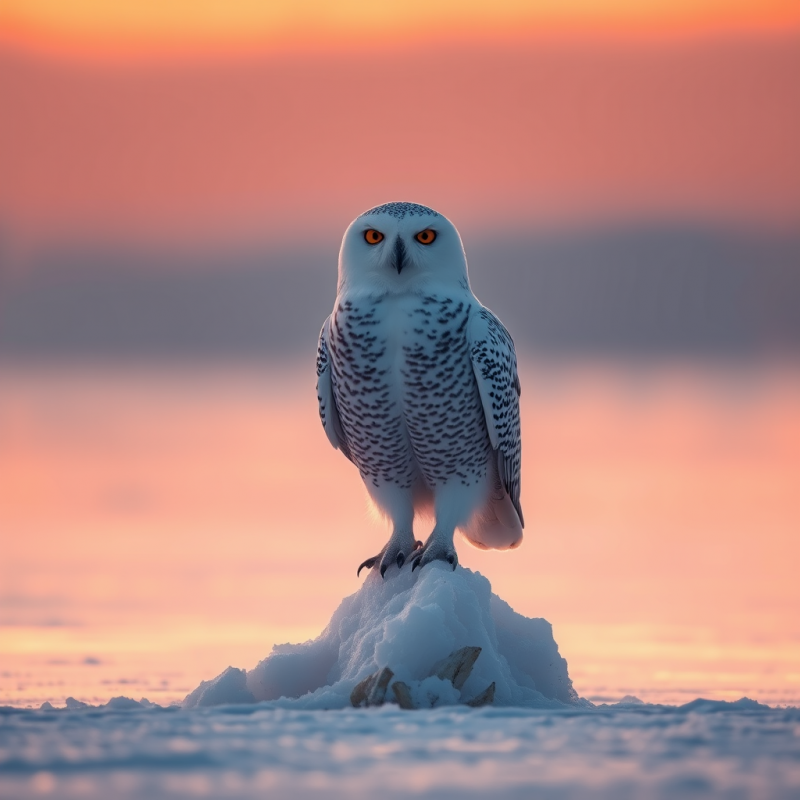 Snowy Owl Perched on Ice at Sunset