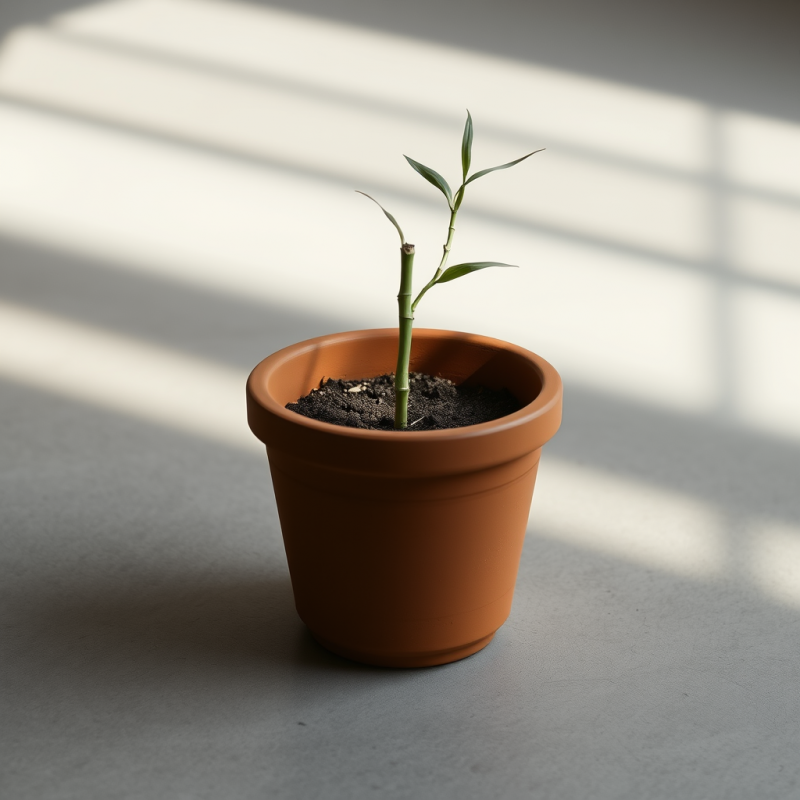 Young Bamboo Plant in Terracotta Pot