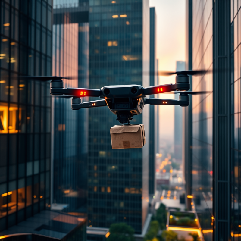 Drone Delivering Package Between Skyscrapers