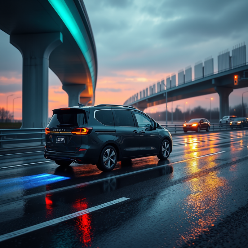 Dark Minivan on Wet Highway at Dusk