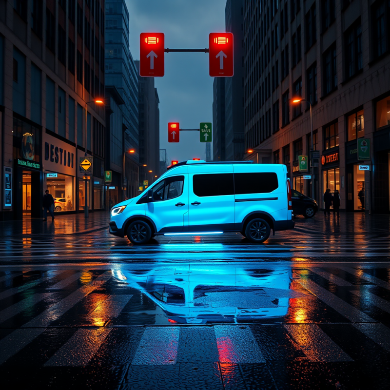 Glowing Van on Rainy Night