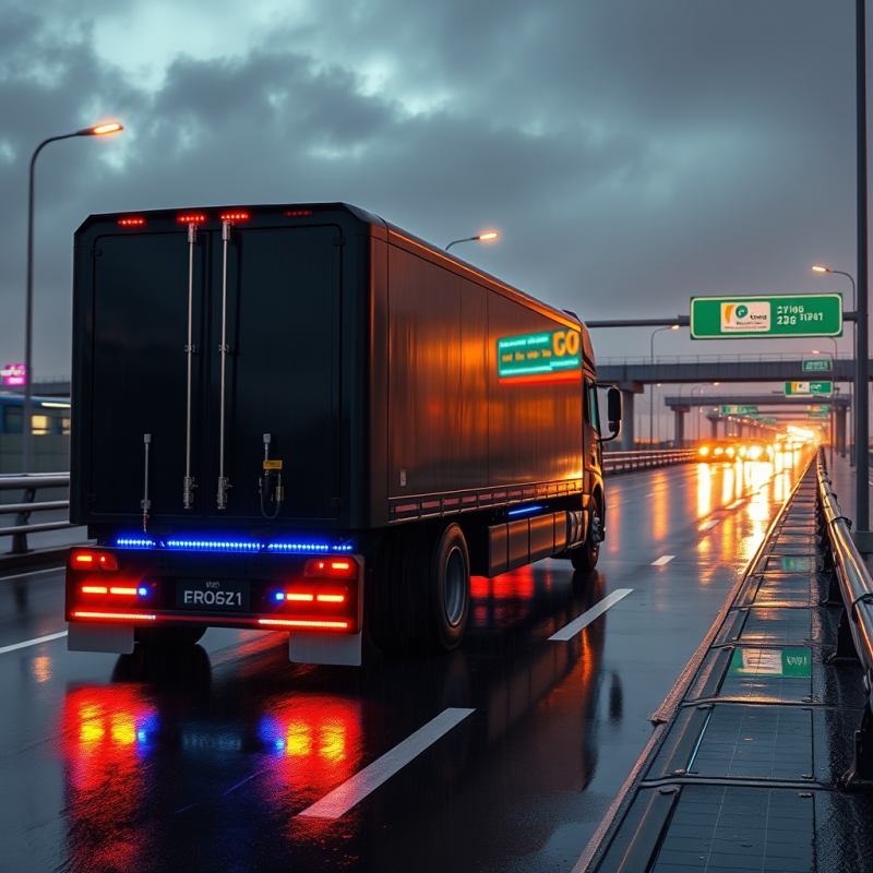 Truck on Wet Highway at Dusk