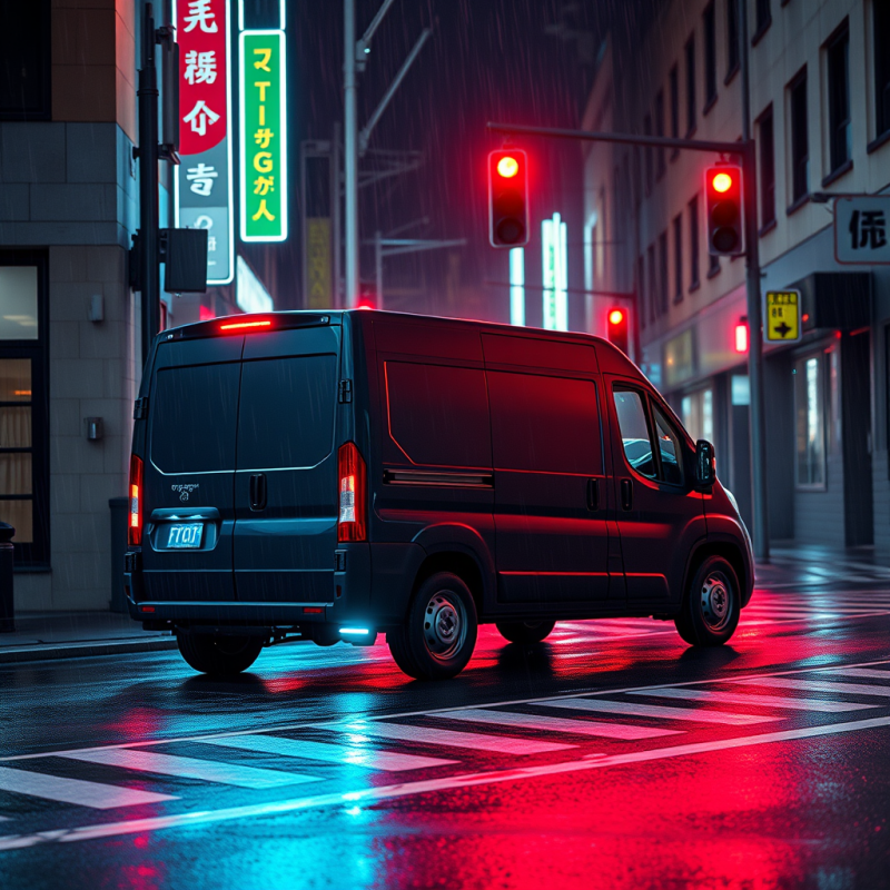 Black Van at Neon-drenched Rainy Intersection