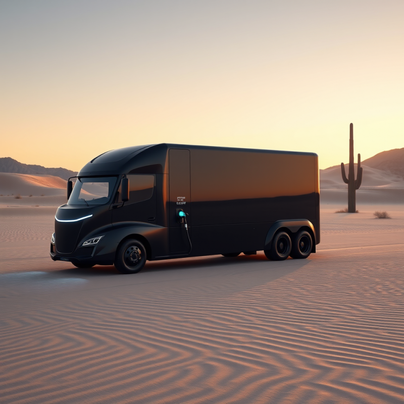 Black Electric Truck in Desert Sunset