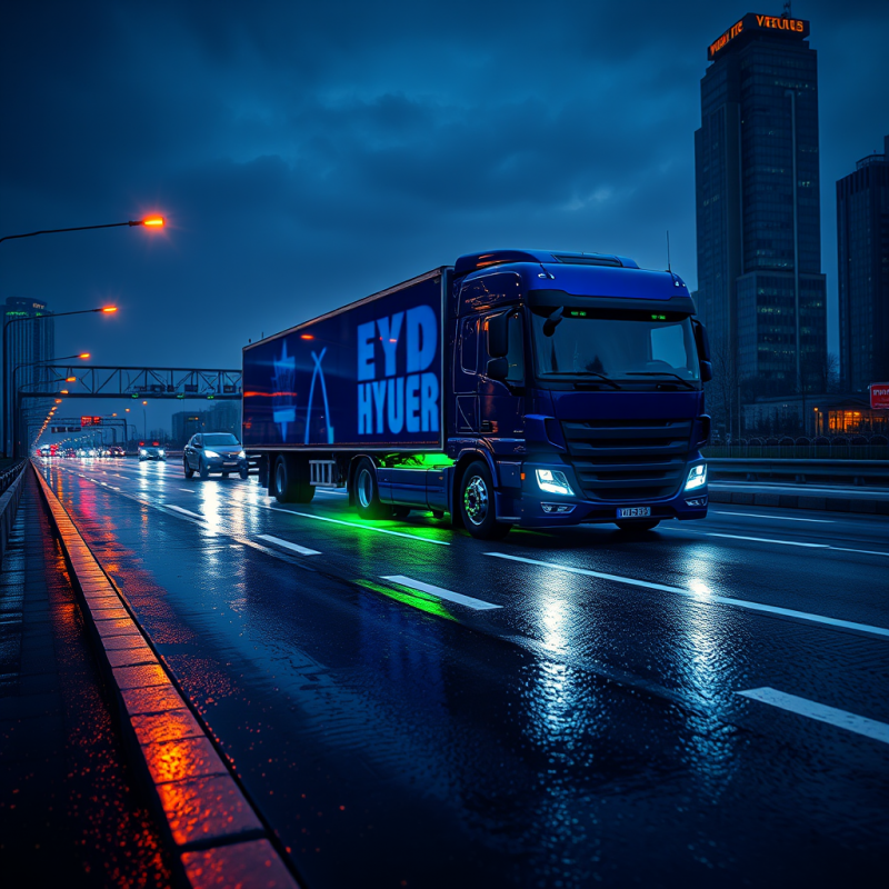 Elyria Truck on Rainy Night