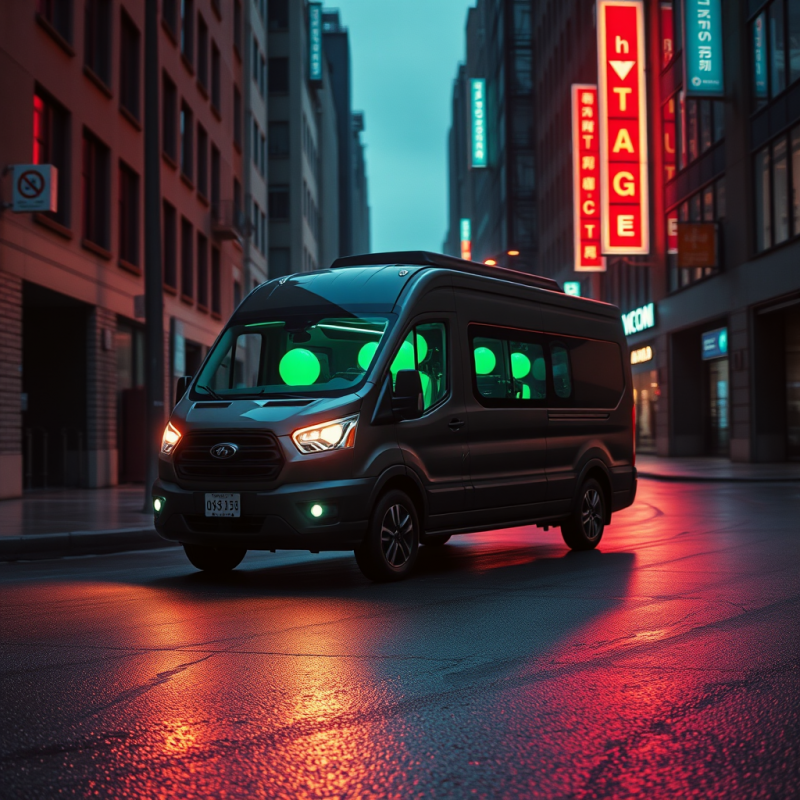 Black Van with Green Lights on Wet Street