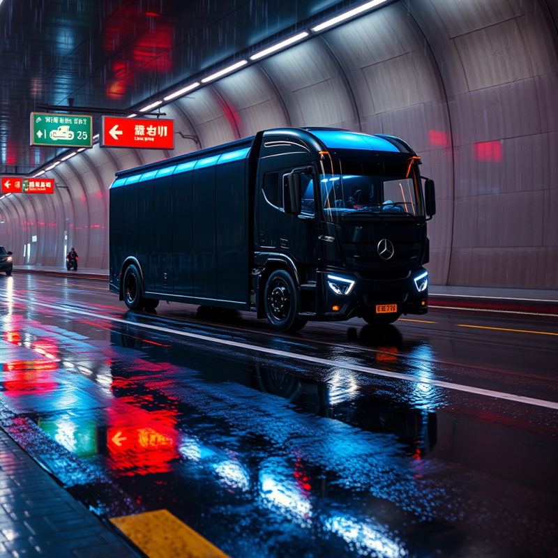 Black Truck in Neon Tunnel Rain