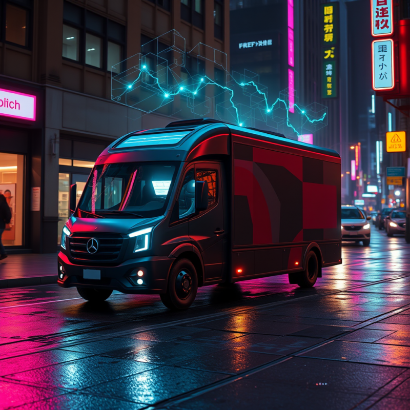 Futuristic Van on Neon City Street