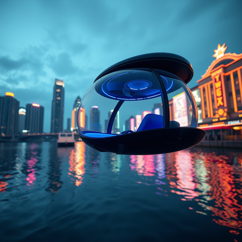 Futuristic Pod Hovering Over City Water