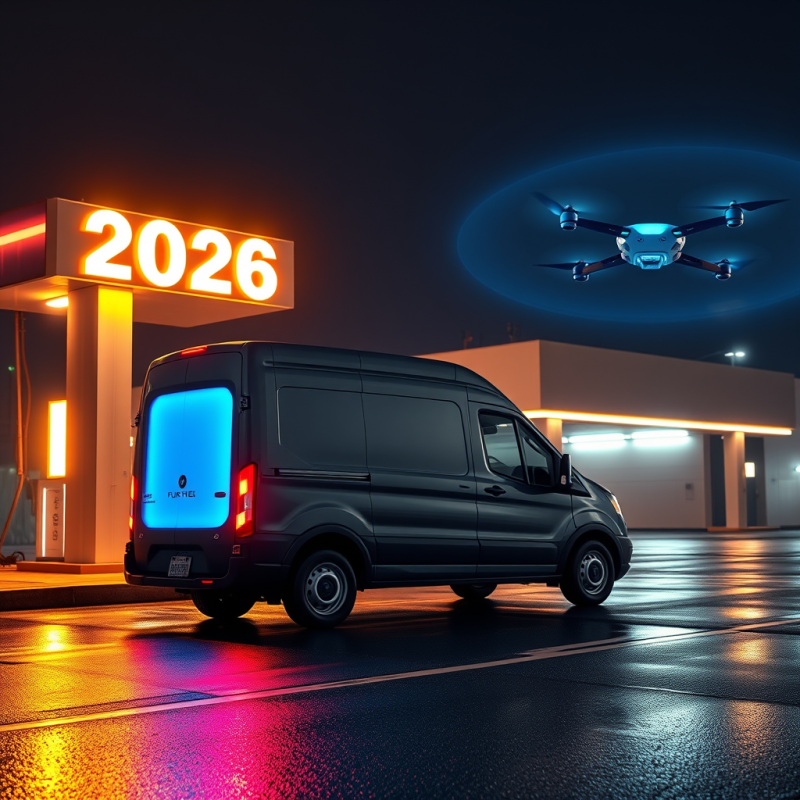 Futuristic Van at 2026 Gas Station