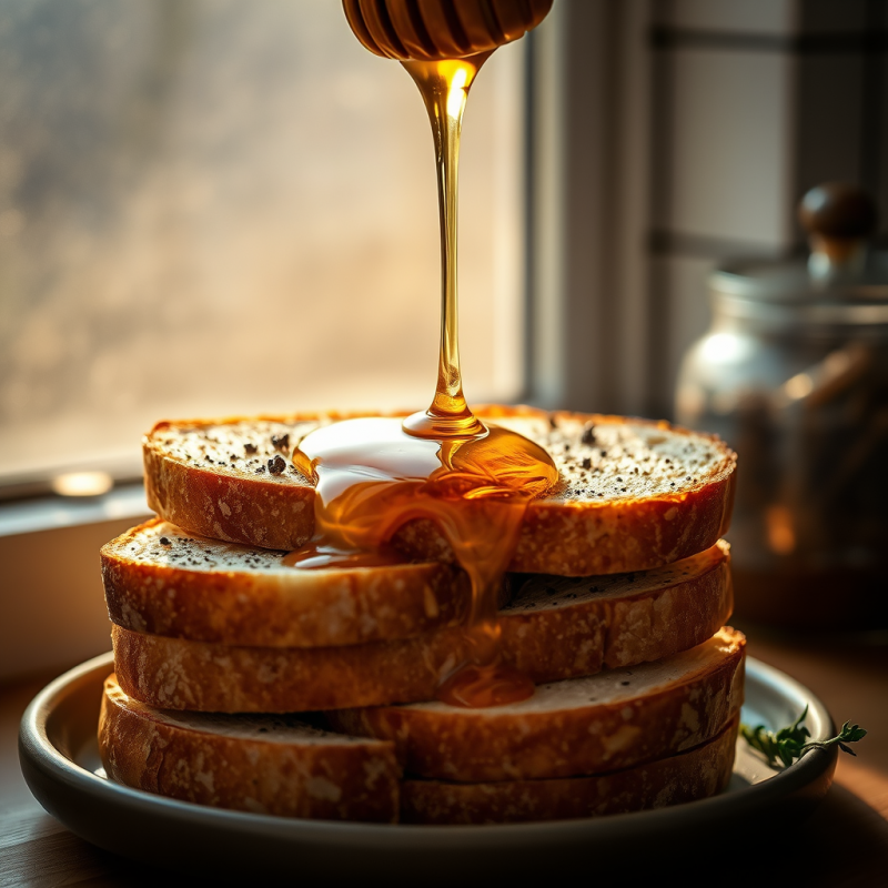 Honey Drizzling Over Toast Stacks