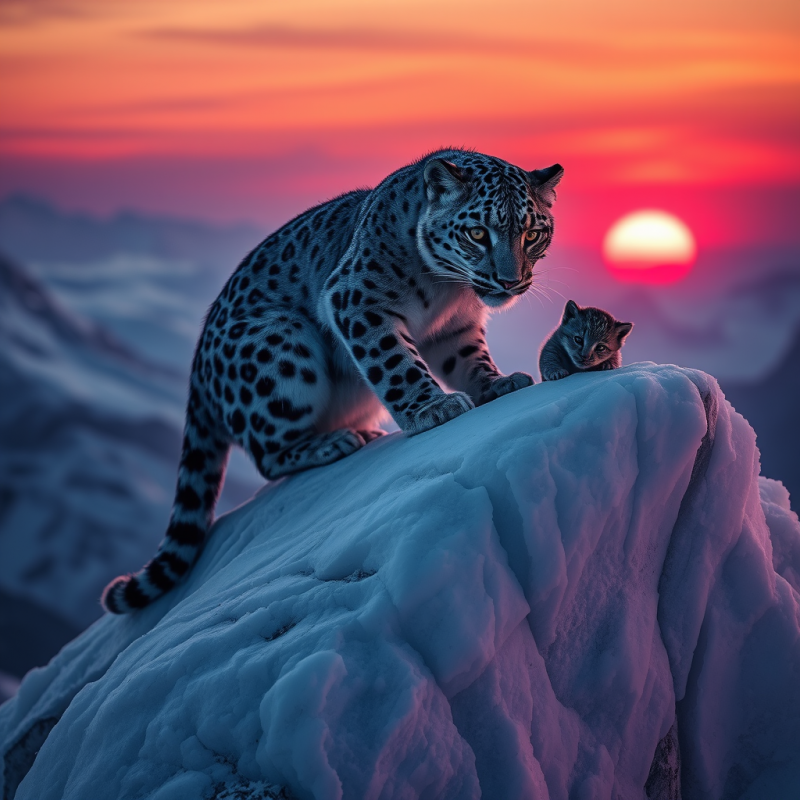 Snow Leopard and Cub on Snowy Peak