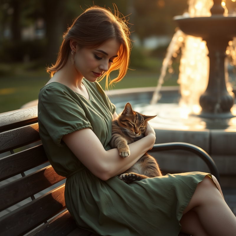 Woman Holding Cat Near Fountain