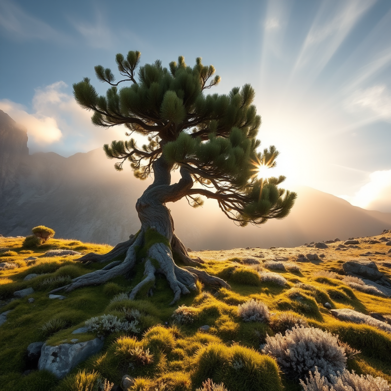 Sunlit Pine Tree in Mountain Valley