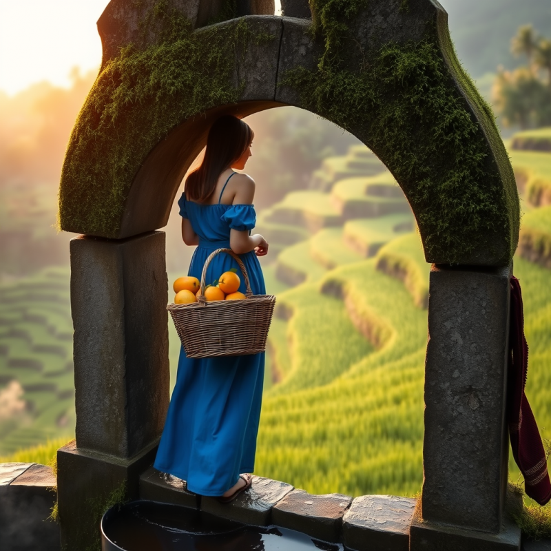 Woman in Blue Dress with Fruit Basket