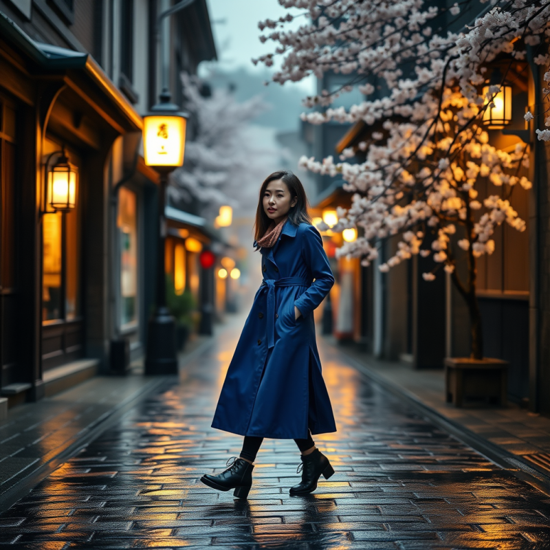 Woman in Blue Coat Under Cherry Blossoms