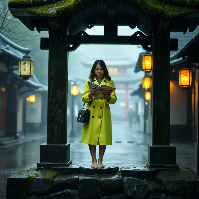 Woman in Yellow Coat Reading Under Torii