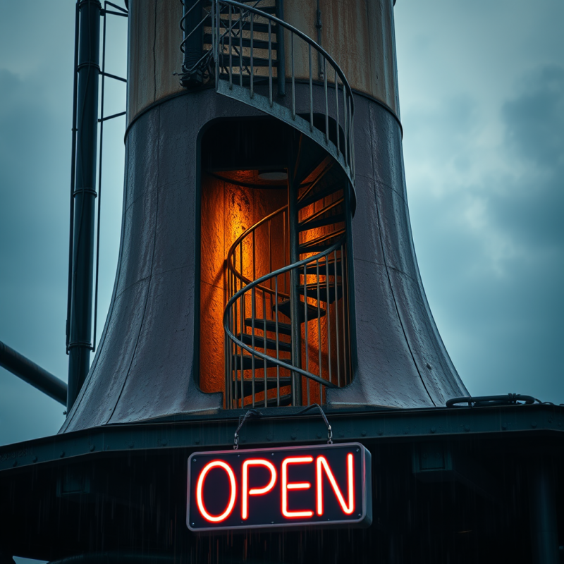 Neon Open Sign on Industrial Tower