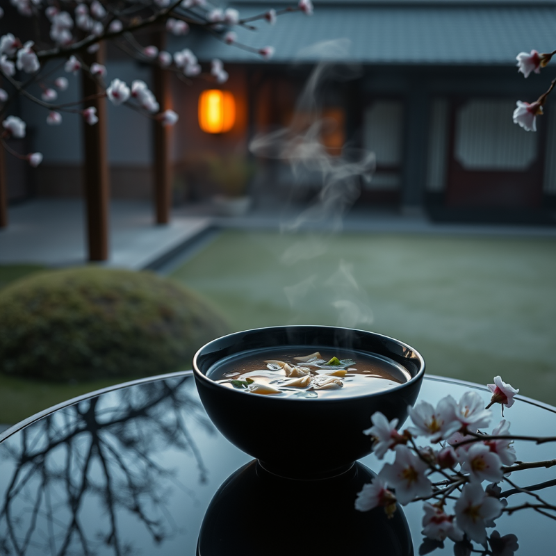 Steaming Bowl of Soup with Cherry Blossoms