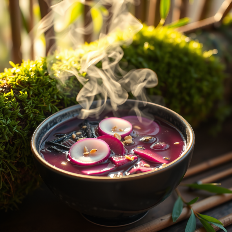 Steaming Purple Soup with Radish Slices