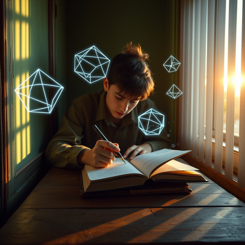Student Studying with Floating Geometric Shapes