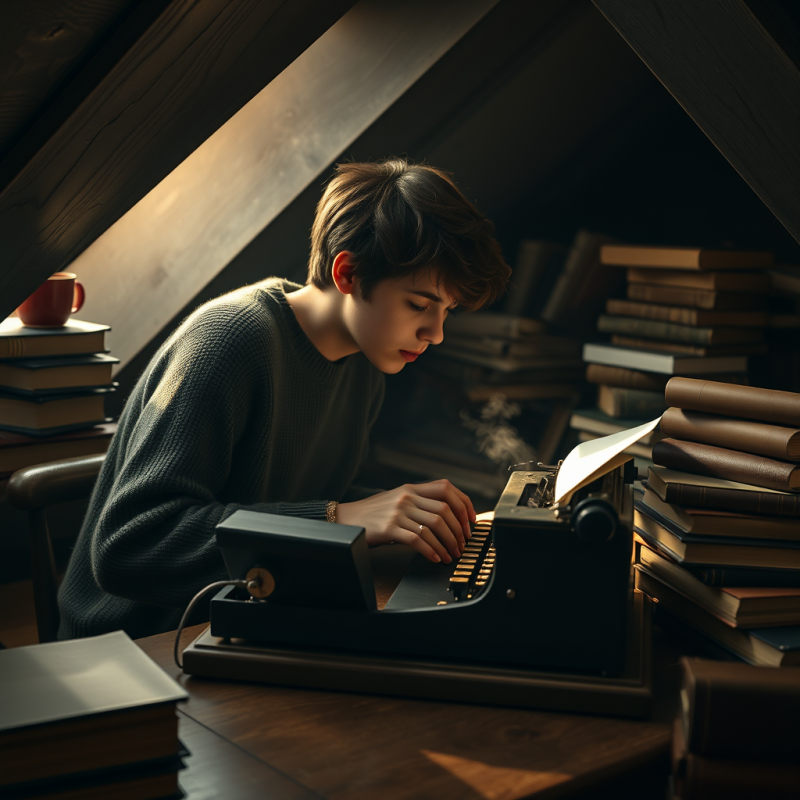 Young Writer Typing on Vintage Typewriter