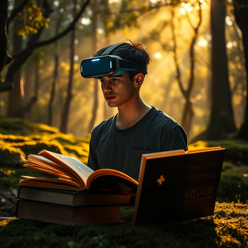 Teenager with Vr Headset Reading Books