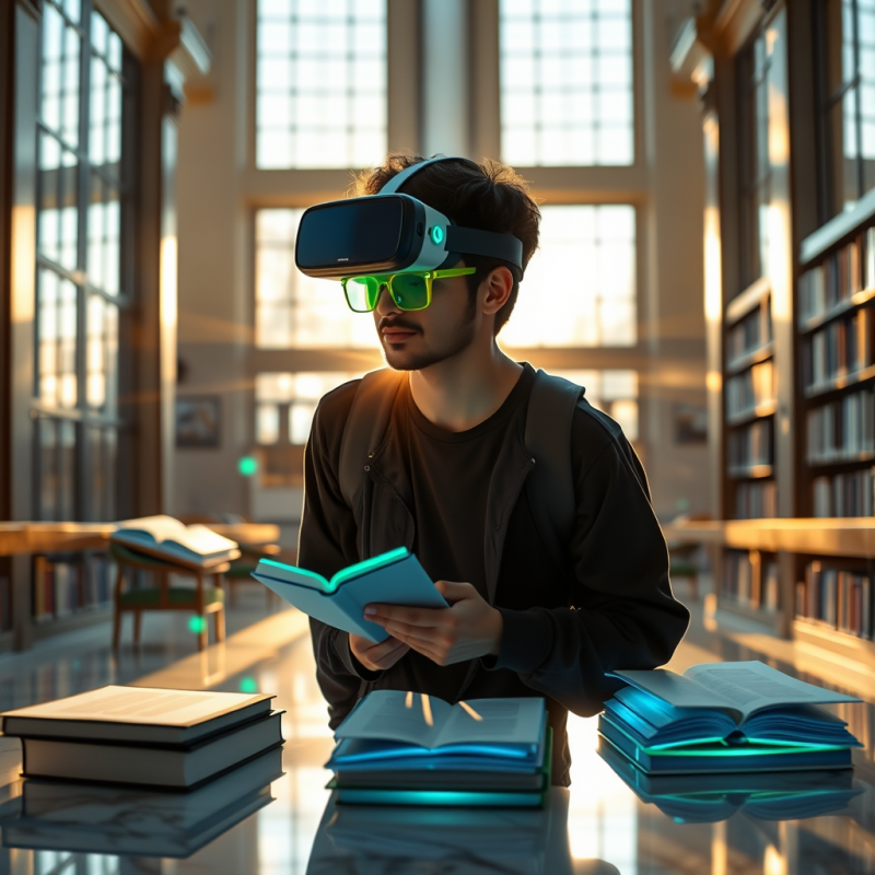 Student Using Vr Headset in Library