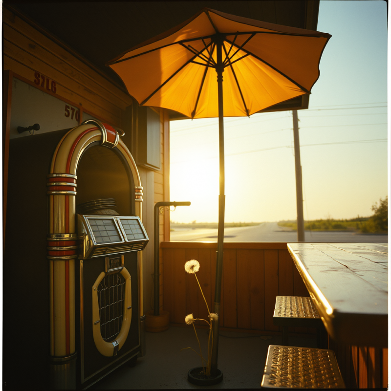Vintage Jukebox Under Orange Umbrella