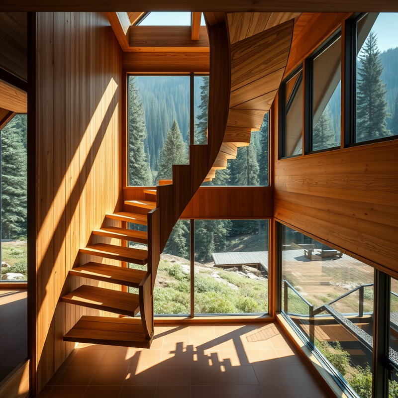 Wooden Spiral Staircase with Mountain View