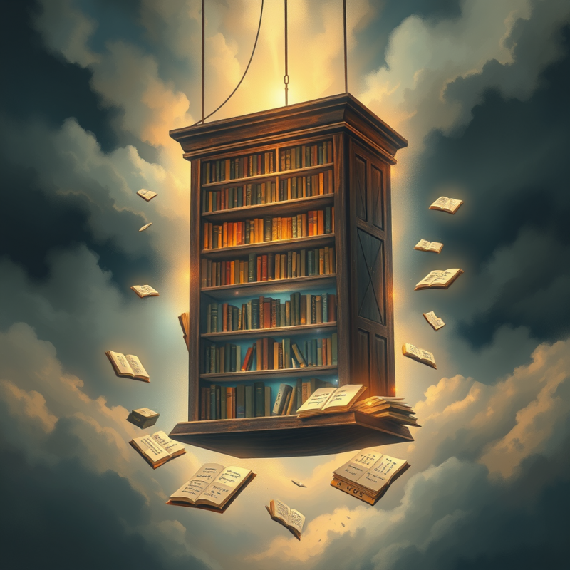 Floating Bookshelf in Cloudy Sky