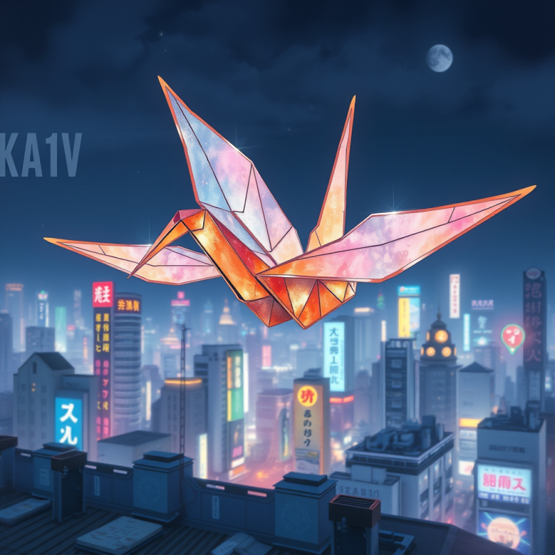Glowing Origami Crane Over Neon City