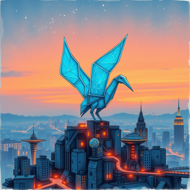 Cybernetic Phoenix in Futuristic Cityscape