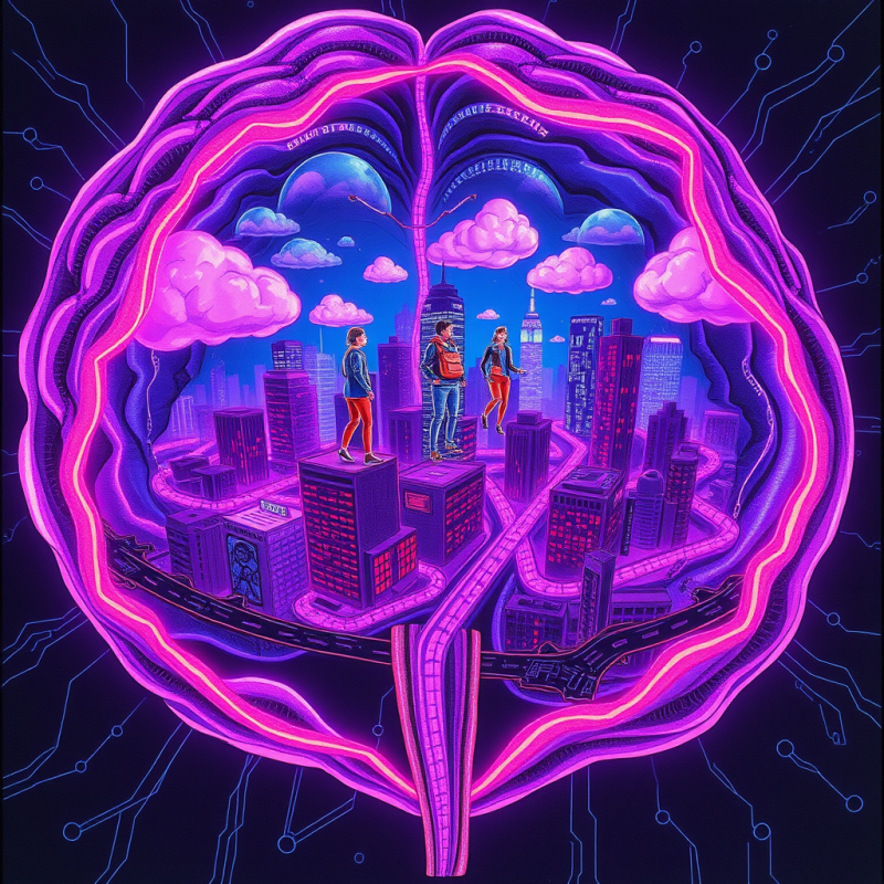 Neon Cityscape Inside Glowing Brain