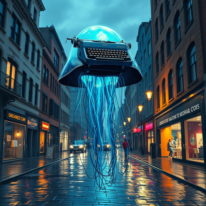 Glowing Typewriter Jellyfish in City Street