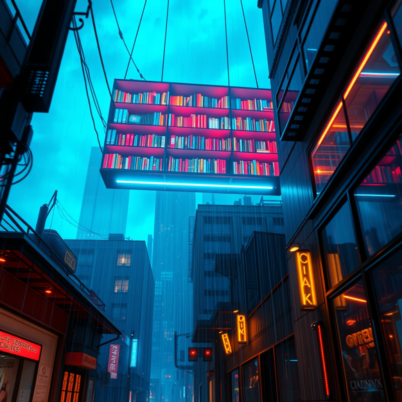 Neon Bookshelf in Urban Nightscape