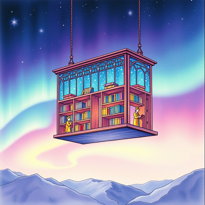 Floating Bookshelf Library in Aurora Sky