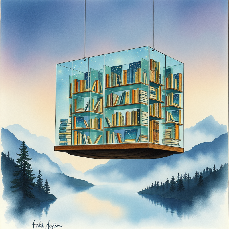 Floating Glass Bookcase Over Mountain Lake