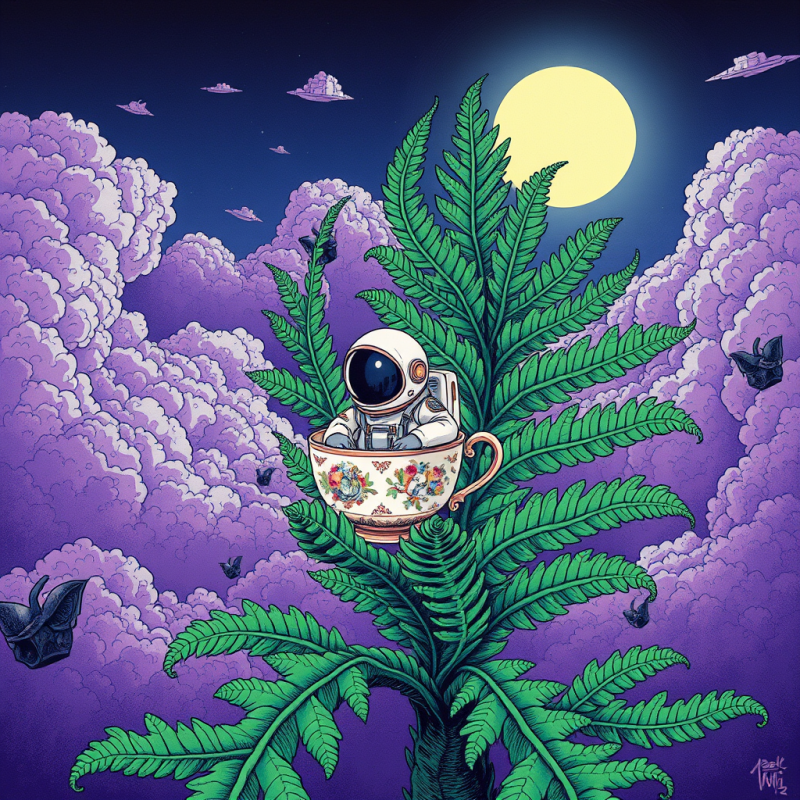 Astronaut in Tea Cup on Fern